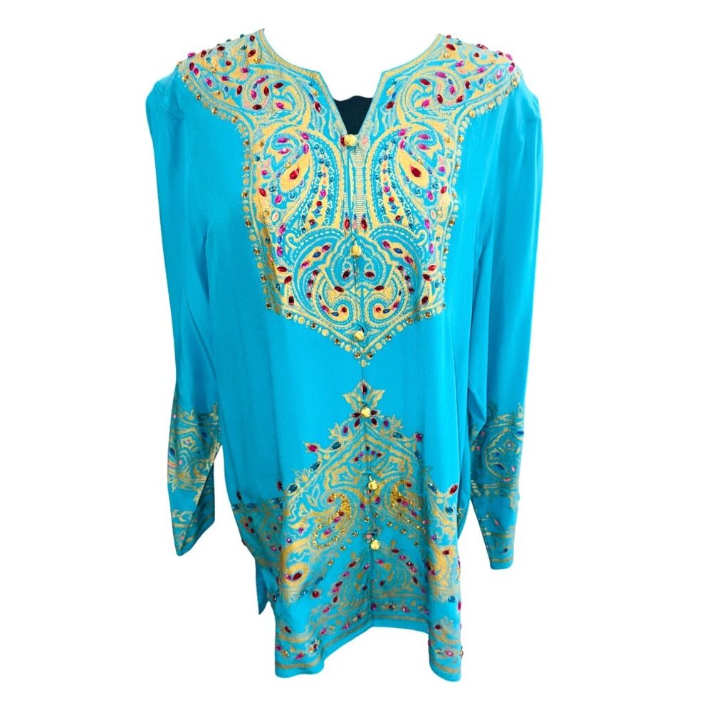 Diane Gilman 100% Silk Sky Blue Jeweled Embroidered Tunic Top Luxury Glam Money